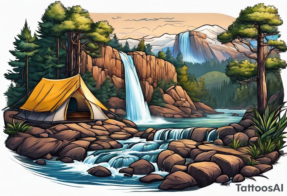 waterfall going into a river with a camp site in Australia tattoo idea