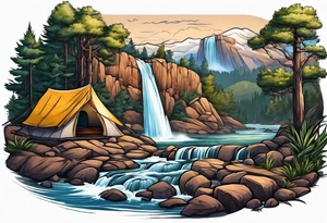 waterfall going into a river with a camp site in Australia tattoo idea