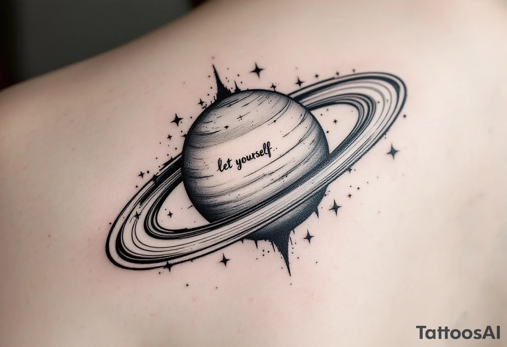 Minimalistic saturn planet, but the text «let yourself» is placed inside saturns rings tattoo idea