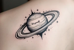 Minimalistic saturn planet, but the text «let yourself» is placed inside saturns rings tattoo idea