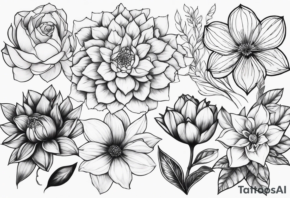 may, june, july september, october, december month flowers black and white half sleeve tattoo tattoo idea