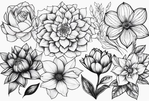 may, june, july september, october, december month flowers black and white half sleeve tattoo tattoo idea