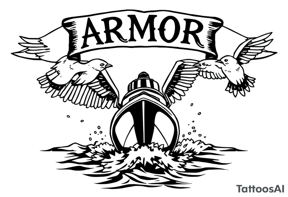 Traditional style tattoo, with a jet boat in the water, with a banner that says “ARMOR” in traditional lettering, and the banner is being held by sparrows . tattoo idea