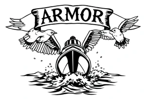 Traditional style tattoo, with a jet boat in the water, with a banner that says “ARMOR” in traditional lettering, and the banner is being held by sparrows . tattoo idea