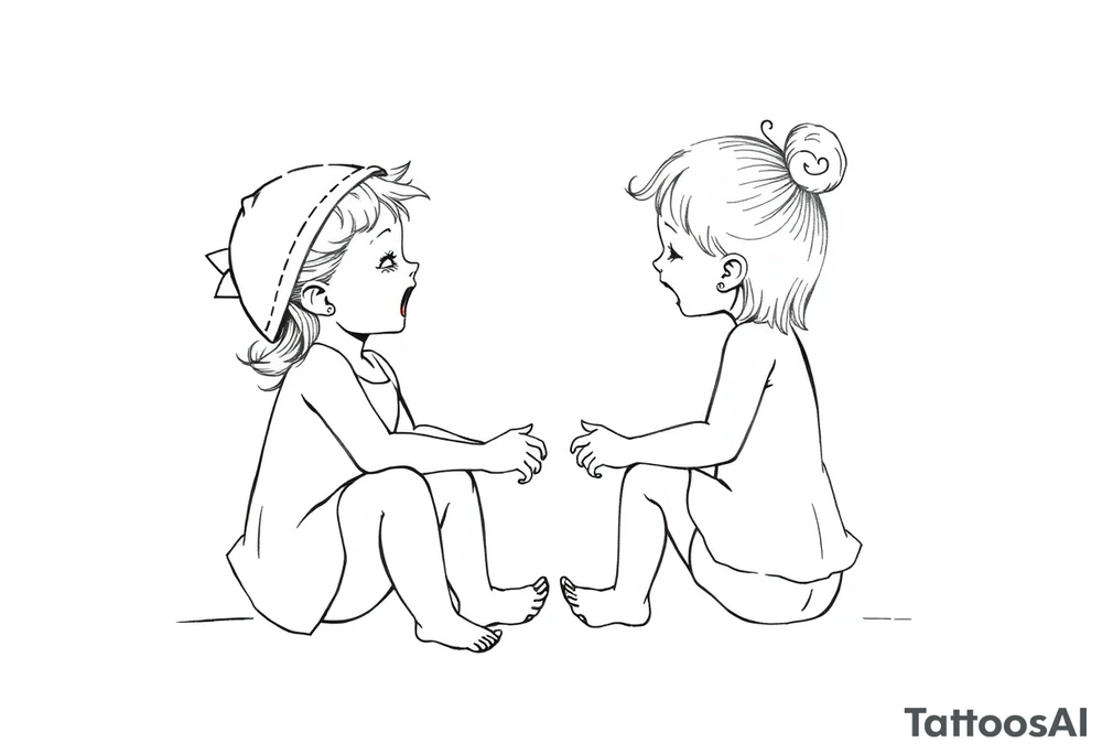 Zwei lachende kleine mädchen sitzen sich gegenüber eine hat einen Dutt die andere einen Zopf und sie berühren sich an den Fußsohlen seitenansicht tattoo idea