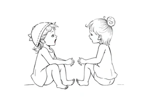 Zwei lachende kleine mädchen sitzen sich gegenüber eine hat einen Dutt die andere einen Zopf und sie berühren sich an den Fußsohlen seitenansicht tattoo idea