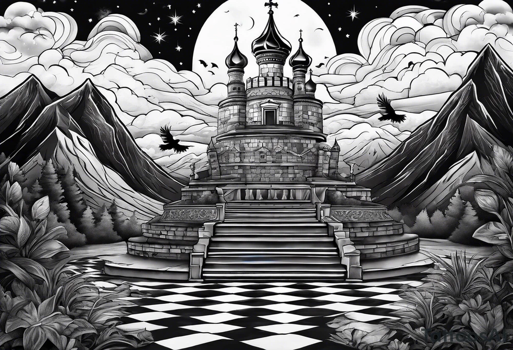 Books, chessboard with king and queen piece, background in a mountain night time  and ravens tattoo idea
