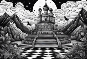 Books, chessboard with king and queen piece, background in a mountain night time  and ravens tattoo idea