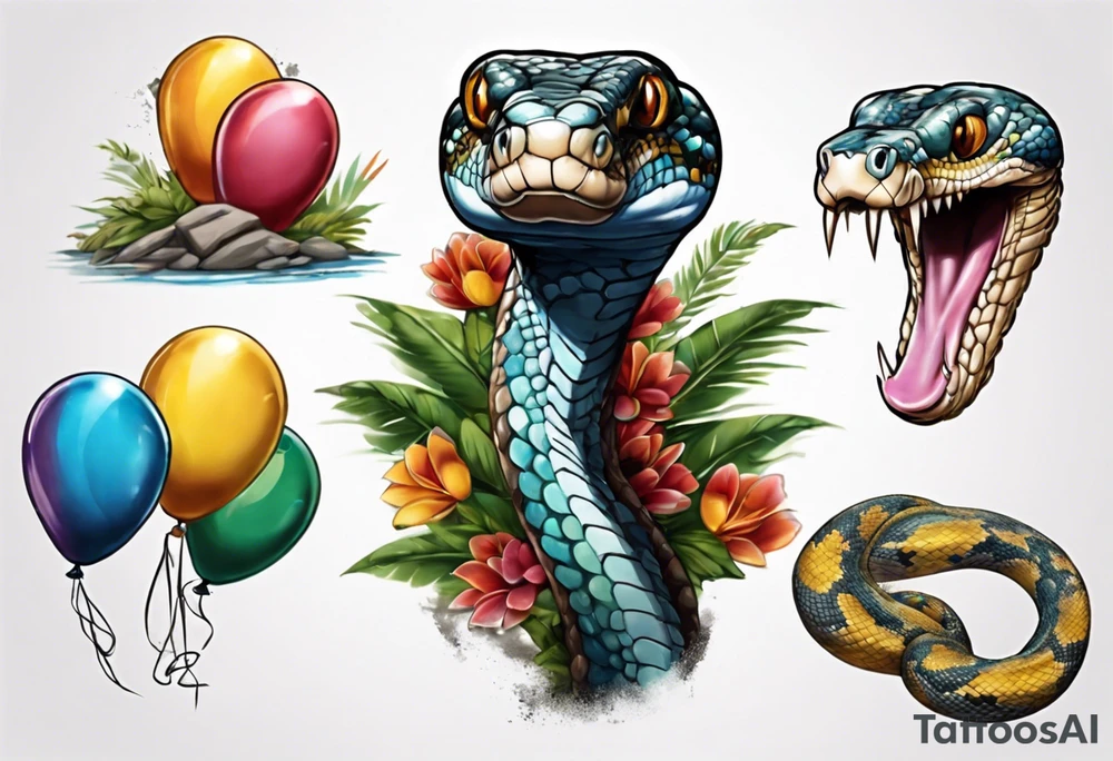 african python with colored ballons from movie up! aside and te-fiti stone on the other side tattoo idea