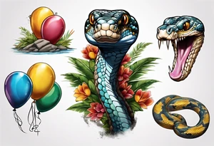 african python with colored ballons from movie up! aside and te-fiti stone on the other side tattoo idea