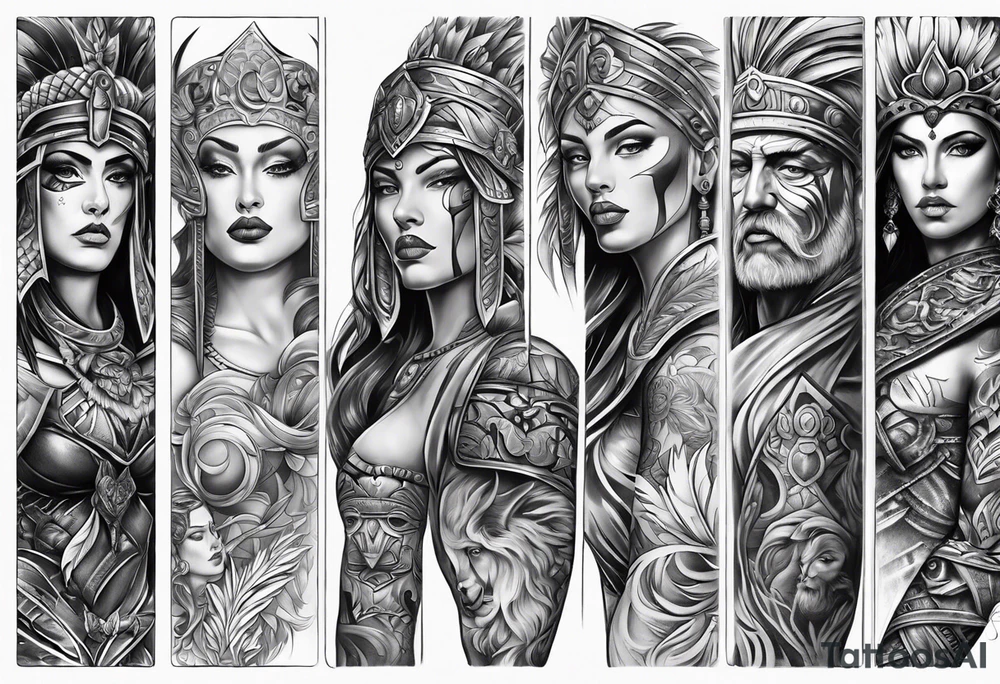 Leg sleeve tattoo of warrior heads from
 Different eras tattoo idea