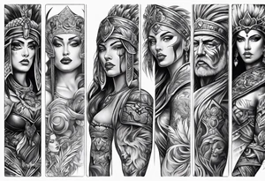 Leg sleeve tattoo of warrior heads from
 Different eras tattoo idea