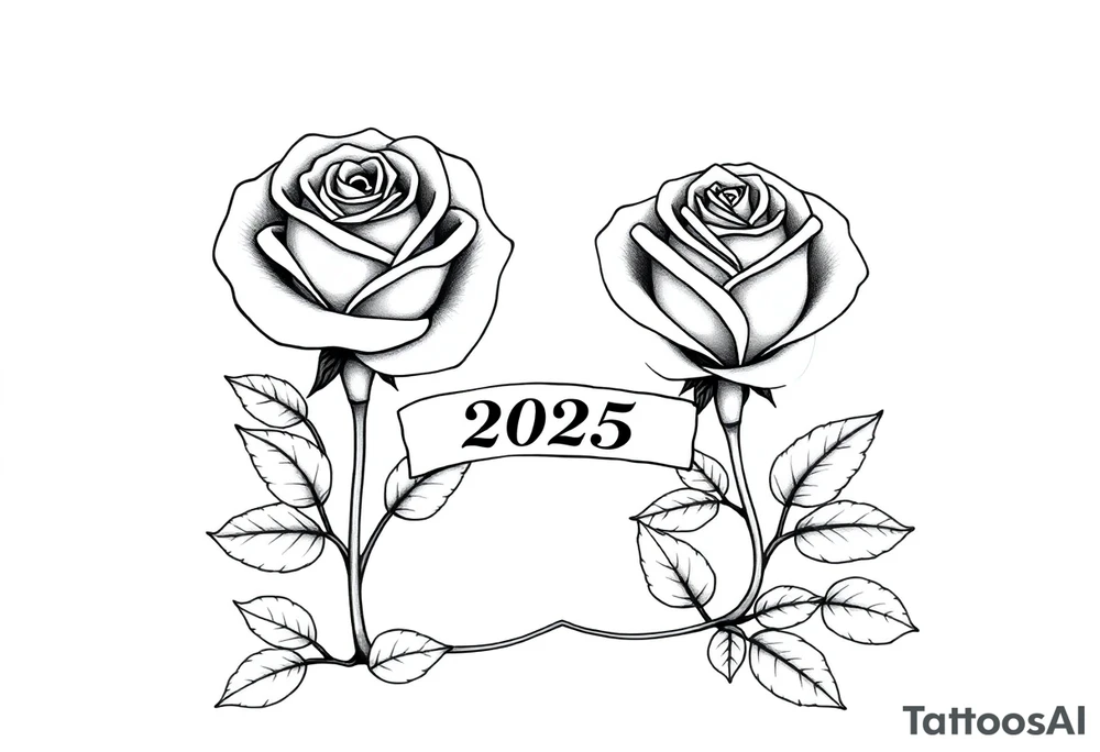 two beautiful large rose buds, one larger than the other, with many leaves next to the rose buds, with one sitting higher than the other. Include a banner connecting the two roses with the year "2025" on it.   Use dark outlines with little shading. The two stems should be short, not long, and connect and join into one stem, whimsically curved or twisted - not straight down. tattoo idea