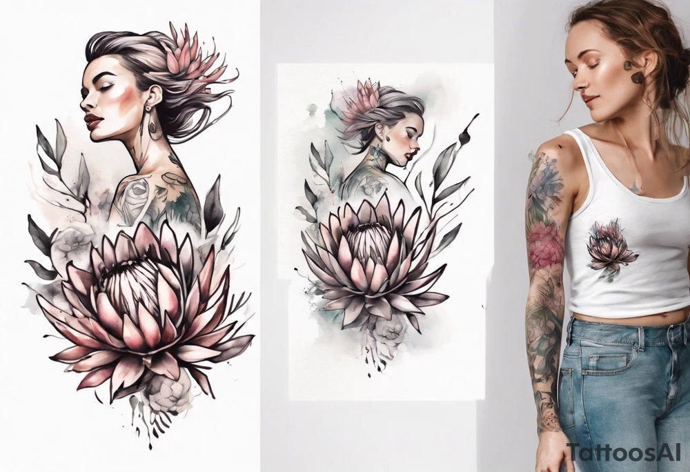 Very feminine tattoo with a woman dancing in a wind of protea flowers tattoo idea