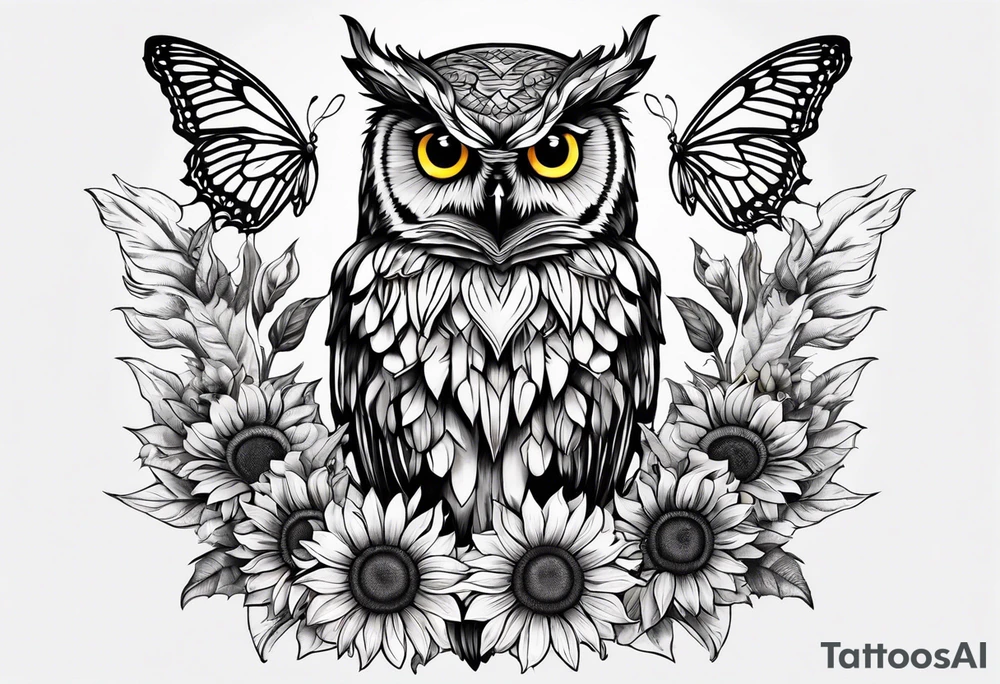 Owl surrounded with sunflowers and one butterfly tattoo idea