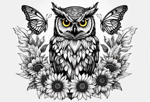 Owl surrounded with sunflowers and one butterfly tattoo idea