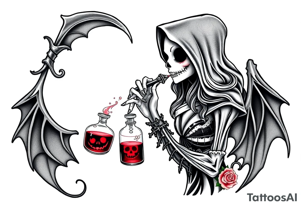 Female grim drinks death potion to get reaper power tattoo idea