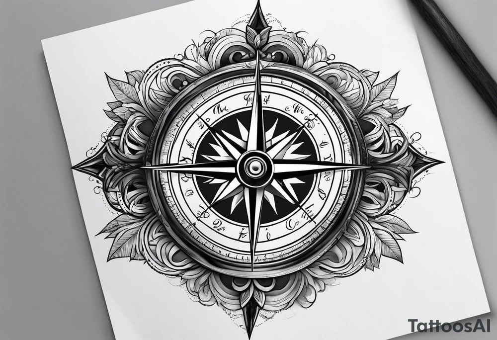 A black and white detailed compass tattoo idea