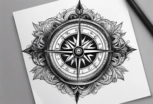 A black and white detailed compass tattoo idea