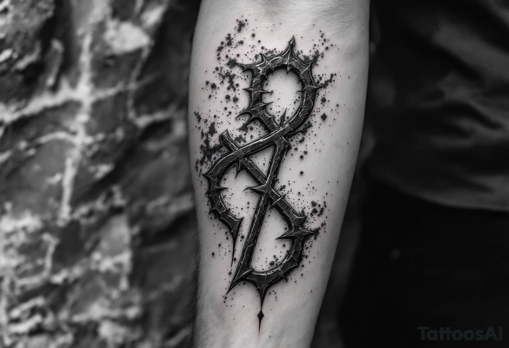 A forearm tattoo featuring a vertical line of deep crimson Slavic runes, each carved with rough stone-like texture and glowing faintly, set against a black and smoky-gray background with subtle ash particles floating around. tattoo idea
