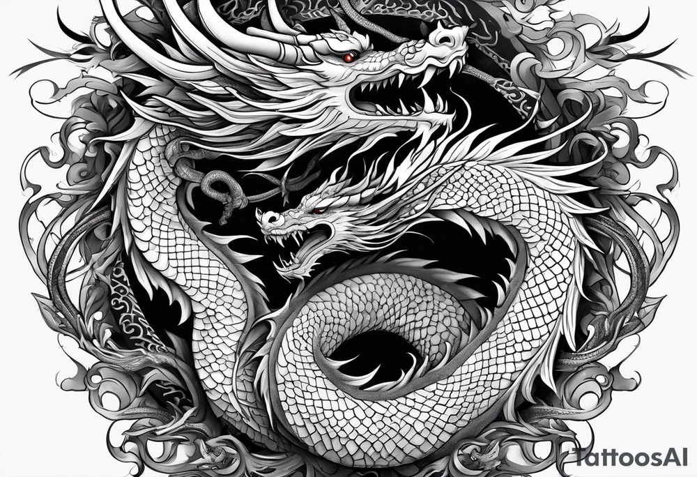 white and black dragon intertwined around the yinyan and with each other tattoo idea