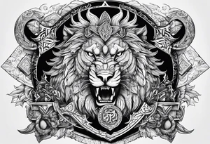 Valhalla sword shield  axe lion dragon 
Valknut  ruins tattoo idea