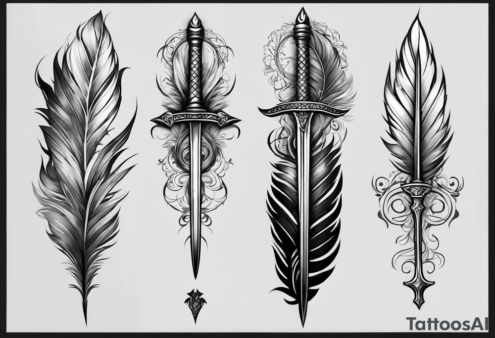 this tattoo is meant for outer forearm a long thin sword with feathers alongside it coming closer at the base both sword and feathers are parallel tattoo idea