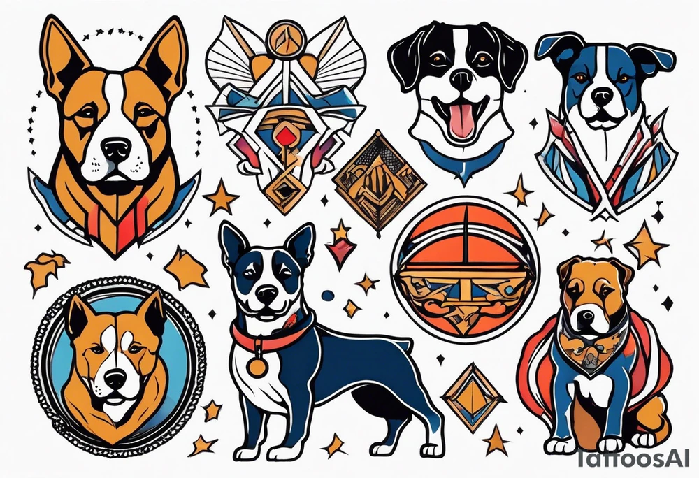 Simple colored tattoo with elements linked to bodybuilding dogs travel and freedom tattoo idea