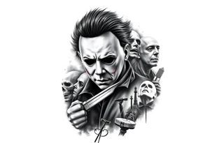 powerful majestic horor icon michael myers, surrounded by other horror icons and an icon scene from Halloween movie tattoo idea