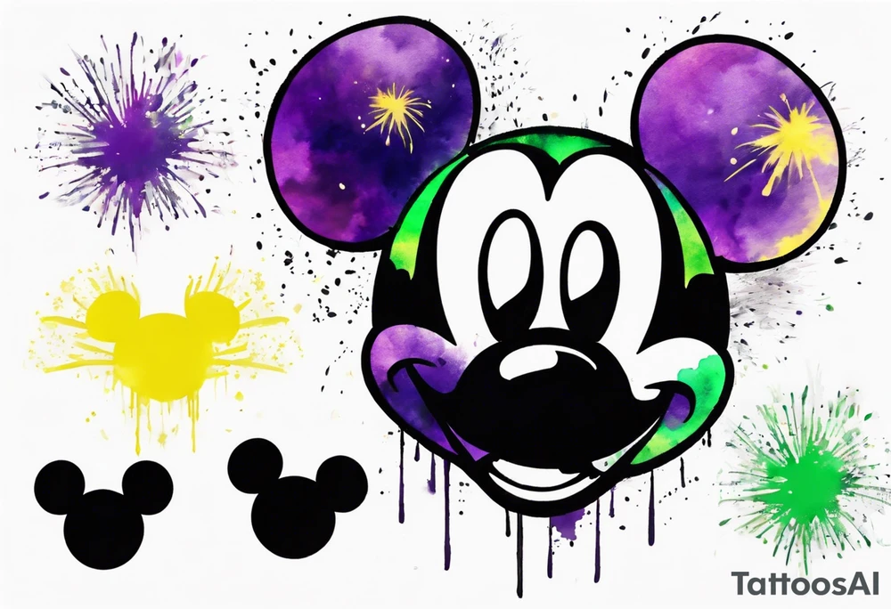 Simple Mickey head and ears in black with watercolor fireworks behind in green purple and yellow. tattoo idea