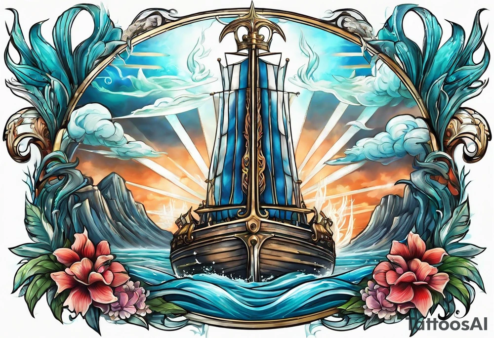 Trident with Atlantis backdrop tattoo idea