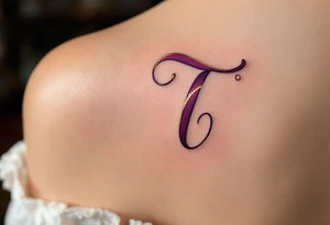 A bold calligraphy "T" in deep plum ink with gold accents curling around its edges. tattoo idea