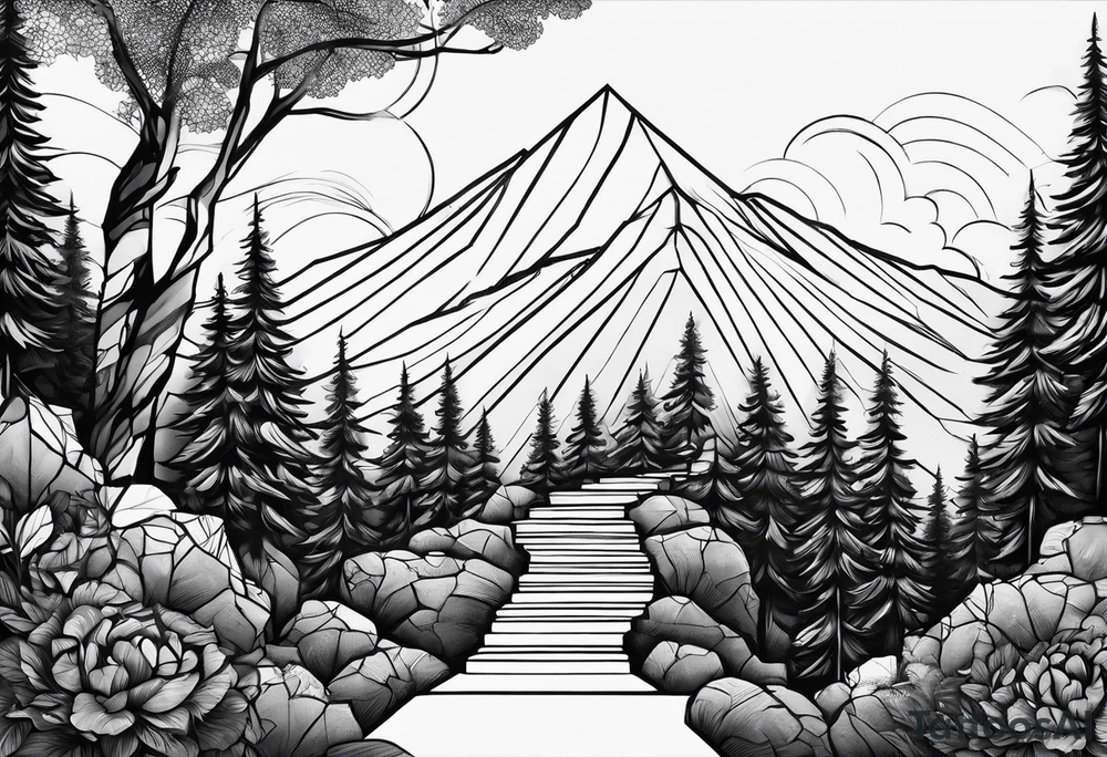 forearm sleeve, time, stairs, forest tattoo idea