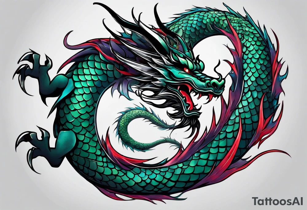 An epic floating asian dragon. Its long body coiling dynamically, with scales and horns detailed to create a sense of movement and strength. The dragon's color is giving a vibrant depth and a mystical aura. This tattoo highlights the dragon’s fierce expression and sharp claws. tattoo idea