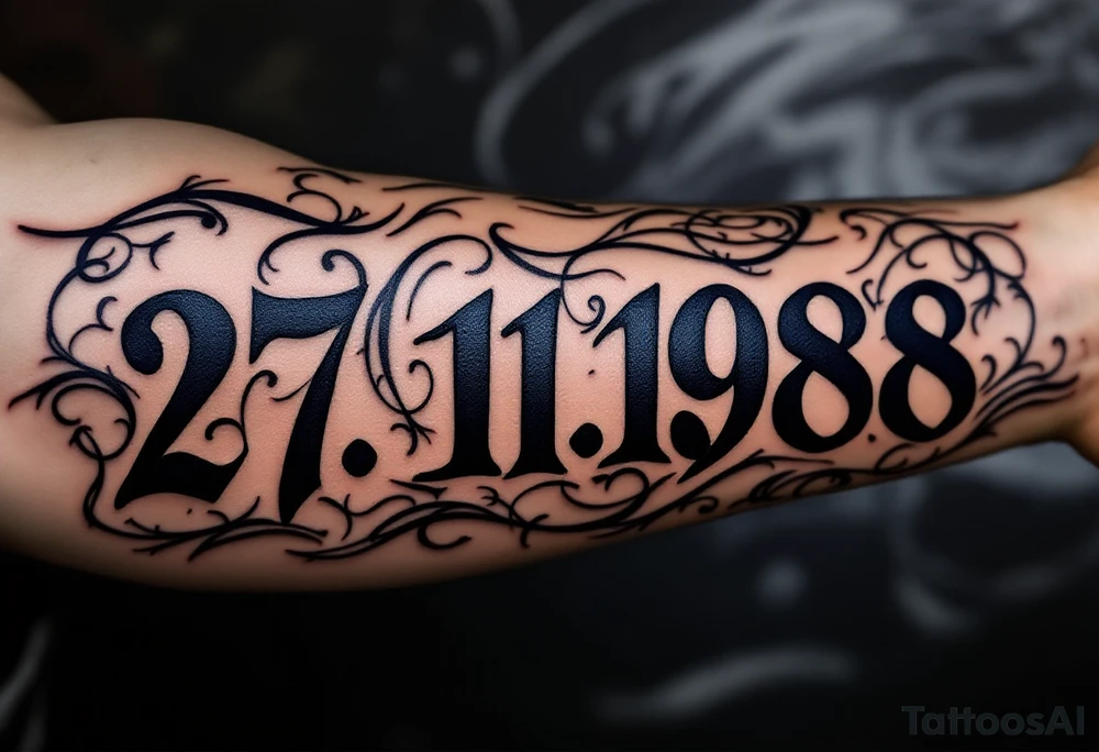 Birth date 27.11.1988 carved in Roman numerals with deep navy blue shadows. tattoo idea