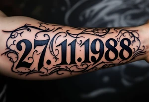 Birth date 27.11.1988 carved in Roman numerals with deep navy blue shadows. tattoo idea
