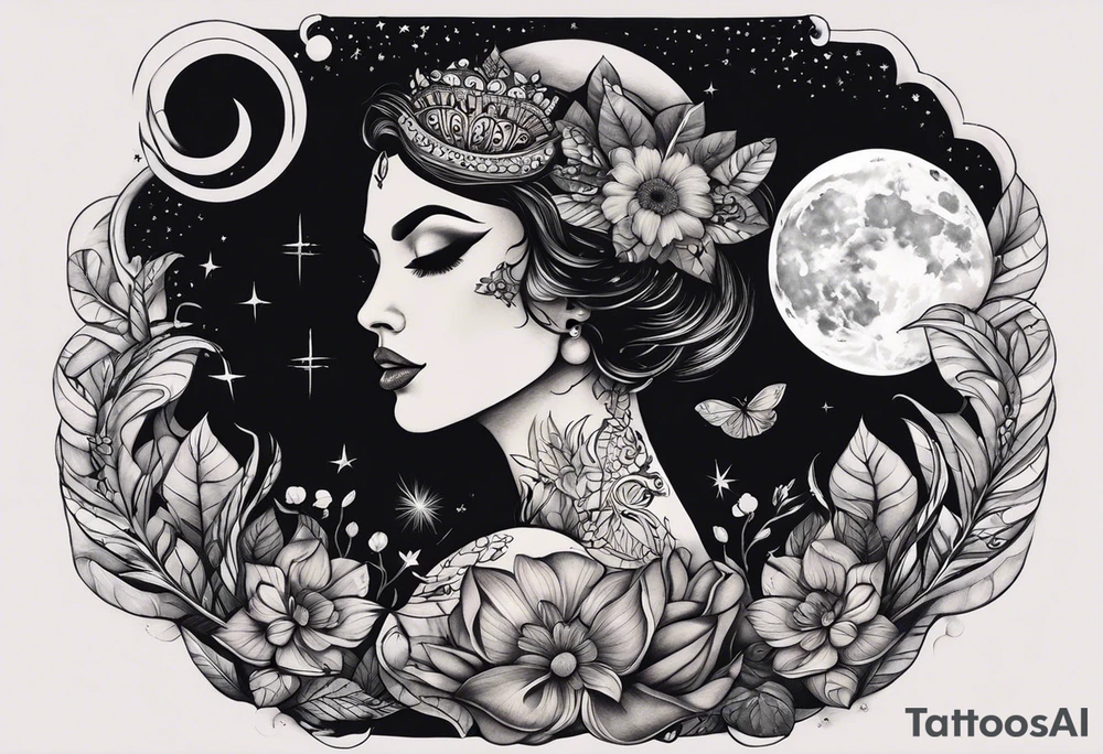 Mächtige meijestätisch Hanf Pflanze, mega sexy brünette Frau mit großen Titten, raucht Joint bei Vollmond tattoo idea