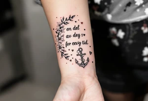 make a qoute sayin "En del av deg for evig tid. 
Pappa 20.12.24"
Surrounded by delicate long blossom gladious, music notes, hearts and an anchor on the lower right side tattoo idea