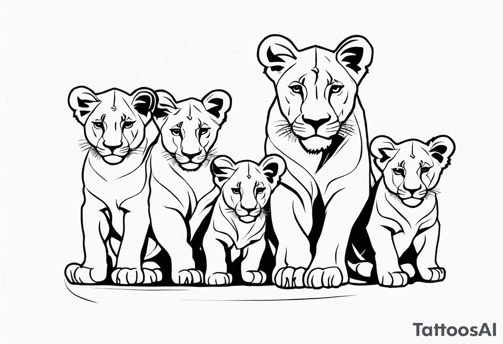 lioness sketch, with the face in a position of 3/4, with 6 cubs, black and white, lines and low amont of shadow tattoo idea
