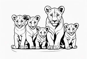 lioness sketch, with the face in a position of 3/4, with 6 cubs, black and white, lines and low amont of shadow tattoo idea
