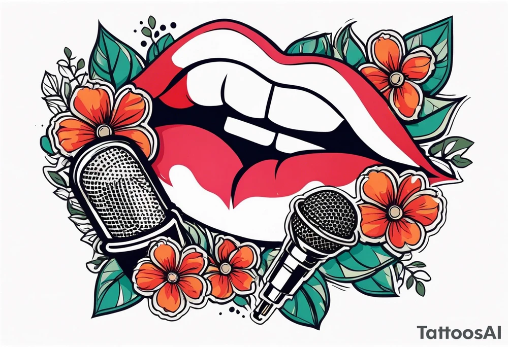 lips singing old school vintage traditional
flowers around and mouth next to microphone
bold and colorful simple design comic book tattoo idea