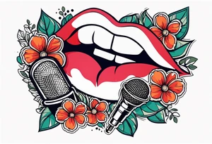 lips singing old school vintage traditional
flowers around and mouth next to microphone
bold and colorful simple design comic book tattoo idea