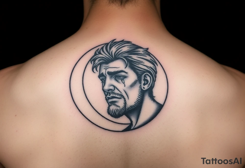 Man’s face in a crescent moon, crying, micro realism, not too dark, black and grey tattoo idea