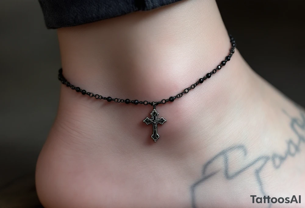 Delicate black‑ink rosary each bead slightly worn for a vintage look, ending at the front of the ankle with a small detailed silver‑gray crucifix that rests just below the anklebone, subtle highlights on the chain links to suggest polished metal while keeping the overall palette muted charcoal and cool gray for an elegant, timeless feel. tattoo idea