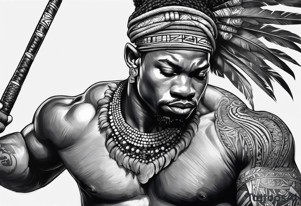 guerreiro Ogun africano realista de corpo inteiro em preto e cinza com tons de azul
 no fudo de savana tattoo idea