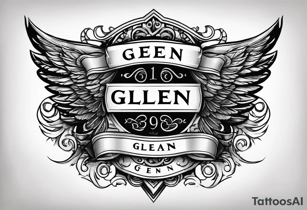 A simple tattoo with the word Glenn on a banner with angel Wings tattoo idea