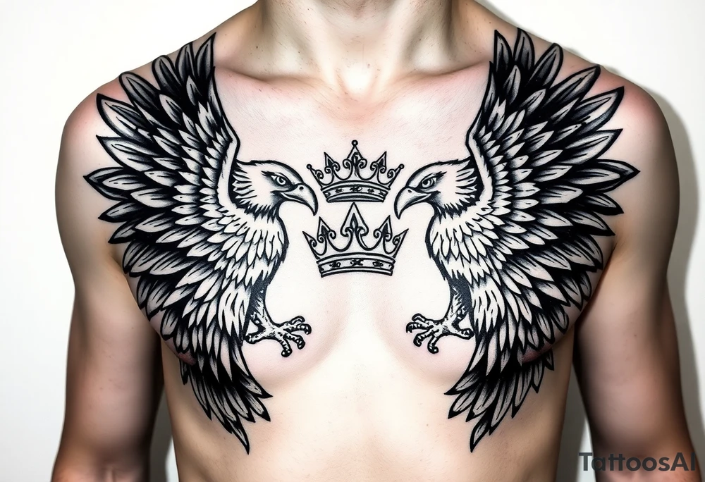 Chest tattoo,powerful two symetrical majestic eagles, surrounded by lure ornaments , between eagles a crown tattoo idea