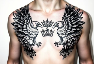 Chest tattoo,powerful two symetrical majestic eagles, surrounded by lure ornaments , between eagles a crown tattoo idea
