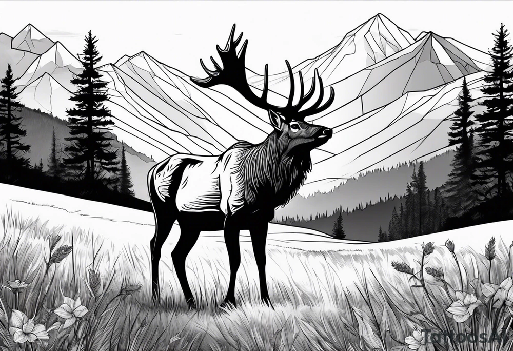 adult elk in a field with mountains in the background tattoo idea