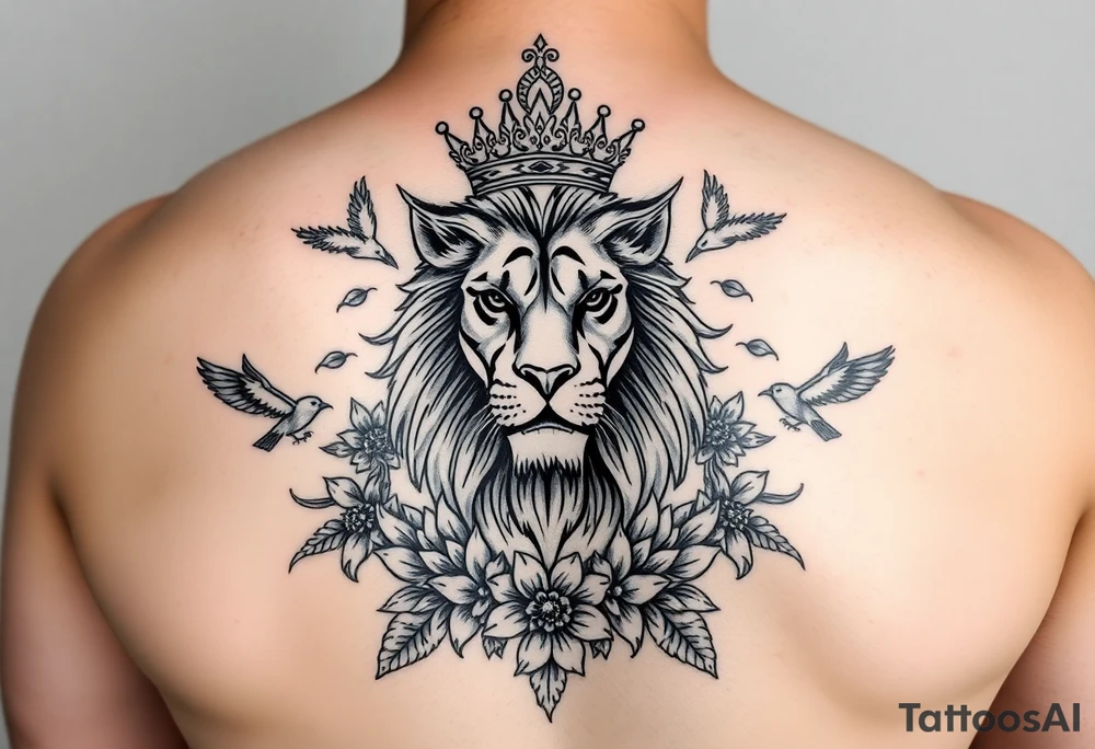 powerful majestic lion with a crown, surrounded by floral ornaments and birds tattoo idea